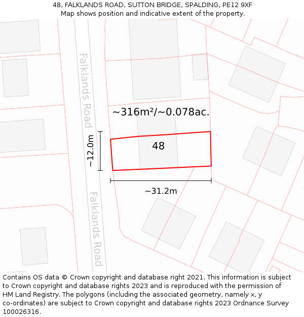 48, FALKLANDS ROAD, SUTTON BRIDGE, SPALDING, PE12 9XF: Plot and title map