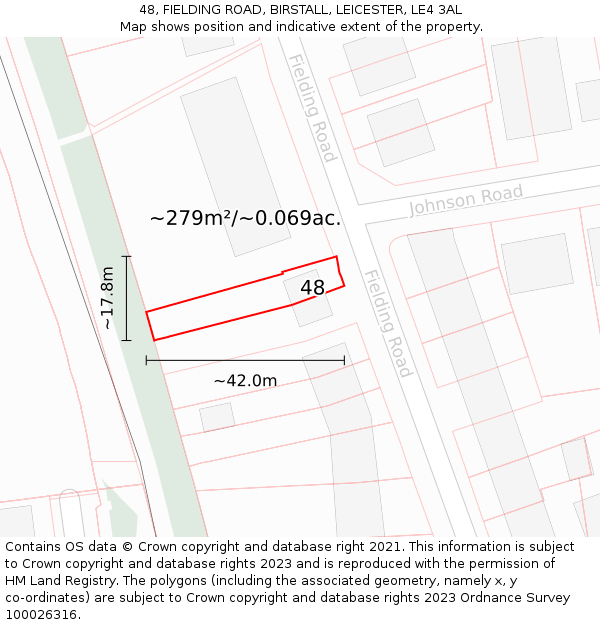 48, FIELDING ROAD, BIRSTALL, LEICESTER, LE4 3AL: Plot and title map