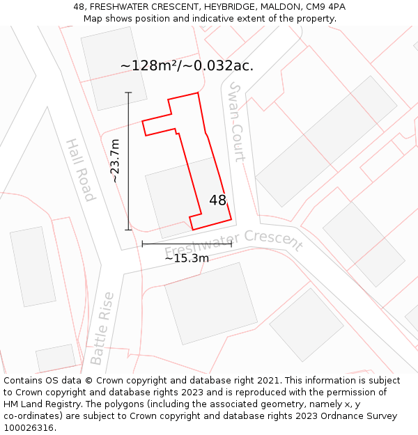 48, FRESHWATER CRESCENT, HEYBRIDGE, MALDON, CM9 4PA: Plot and title map