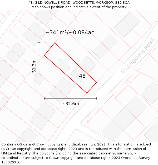 48, GILDINGWELLS ROAD, WOODSETTS, WORKSOP, S81 8QA: Plot and title map