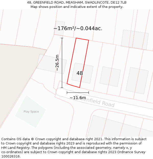 48, GREENFIELD ROAD, MEASHAM, SWADLINCOTE, DE12 7LB: Plot and title map