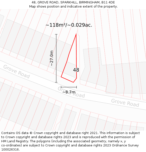 48, GROVE ROAD, SPARKHILL, BIRMINGHAM, B11 4DE: Plot and title map