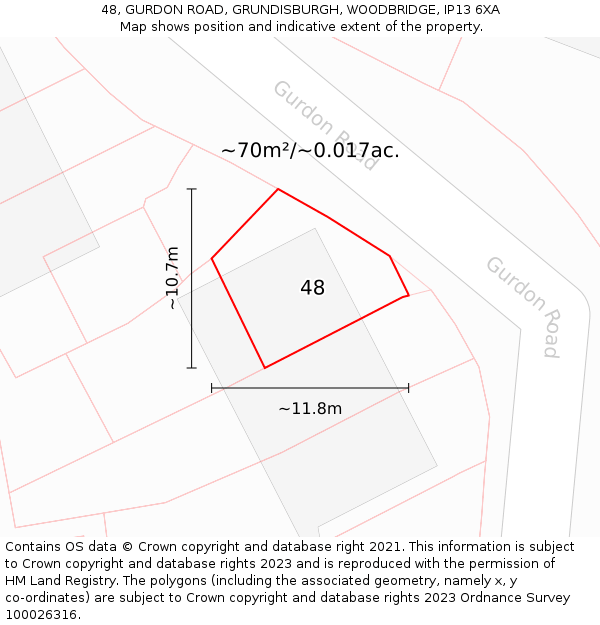 48, GURDON ROAD, GRUNDISBURGH, WOODBRIDGE, IP13 6XA: Plot and title map