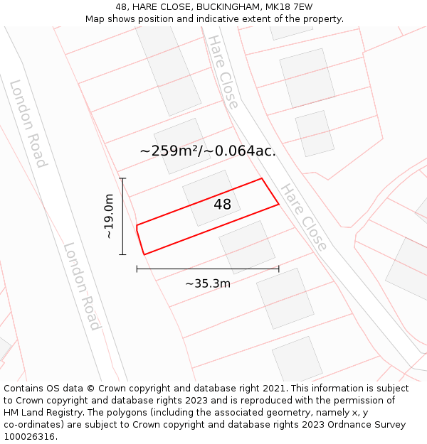 48, HARE CLOSE, BUCKINGHAM, MK18 7EW: Plot and title map