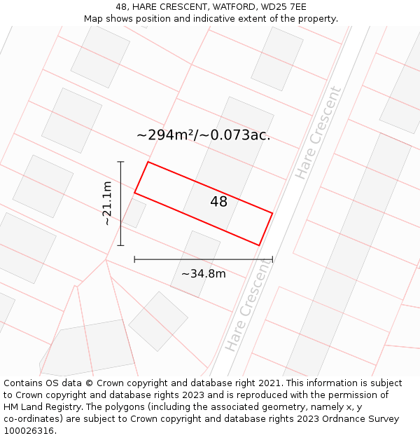 48, HARE CRESCENT, WATFORD, WD25 7EE: Plot and title map