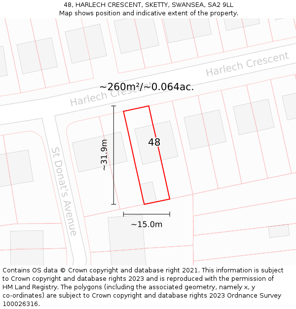 48, HARLECH CRESCENT, SKETTY, SWANSEA, SA2 9LL: Plot and title map