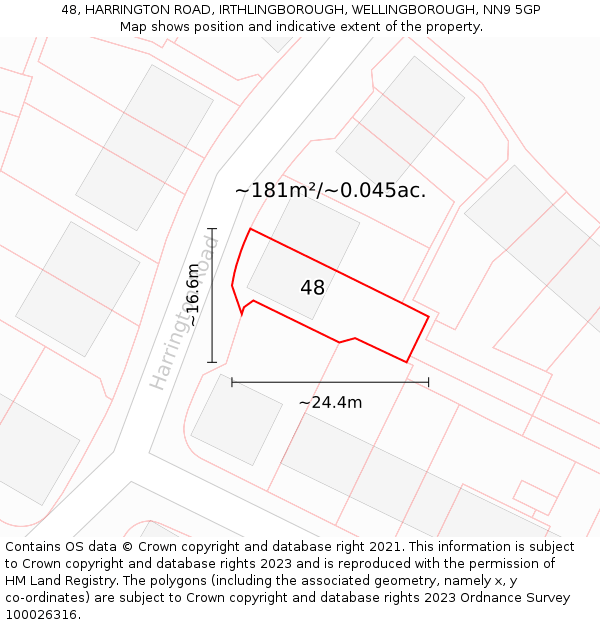 48, HARRINGTON ROAD, IRTHLINGBOROUGH, WELLINGBOROUGH, NN9 5GP: Plot and title map