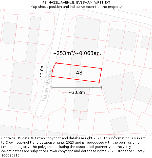 48, HAZEL AVENUE, EVESHAM, WR11 1XT: Plot and title map