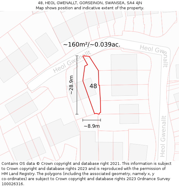 48, HEOL GWENALLT, GORSEINON, SWANSEA, SA4 4JN: Plot and title map