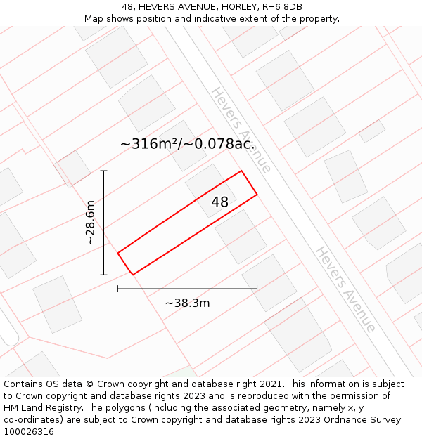 48, HEVERS AVENUE, HORLEY, RH6 8DB: Plot and title map