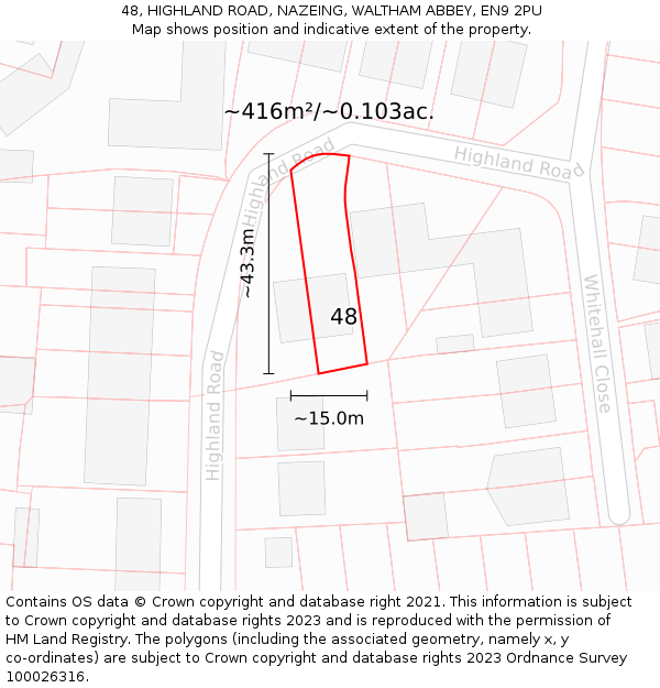 48, HIGHLAND ROAD, NAZEING, WALTHAM ABBEY, EN9 2PU: Plot and title map