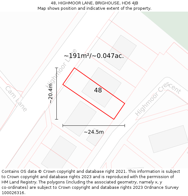 48, HIGHMOOR LANE, BRIGHOUSE, HD6 4JB: Plot and title map