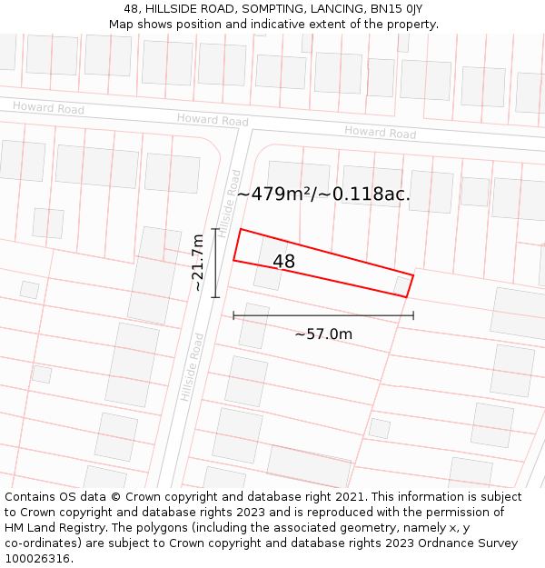 48, HILLSIDE ROAD, SOMPTING, LANCING, BN15 0JY: Plot and title map