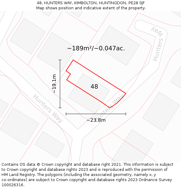 48, HUNTERS WAY, KIMBOLTON, HUNTINGDON, PE28 0JF: Plot and title map