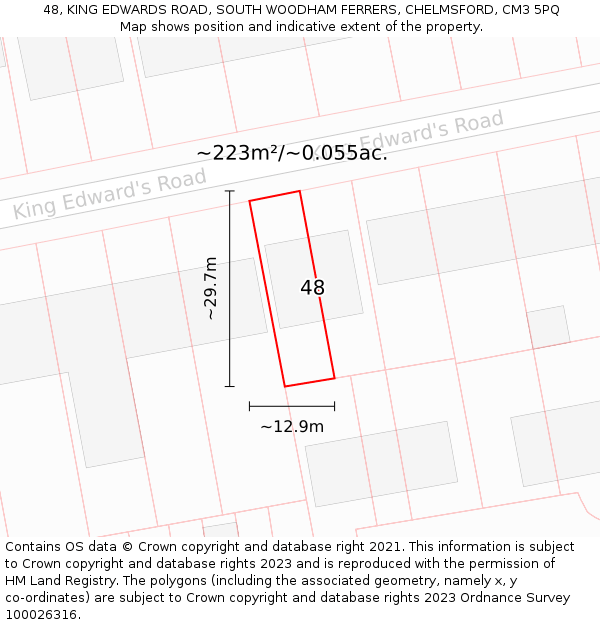 48, KING EDWARDS ROAD, SOUTH WOODHAM FERRERS, CHELMSFORD, CM3 5PQ: Plot and title map