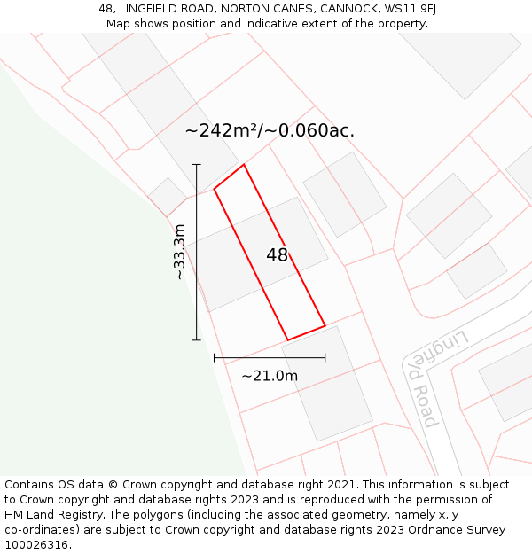 48, LINGFIELD ROAD, NORTON CANES, CANNOCK, WS11 9FJ: Plot and title map