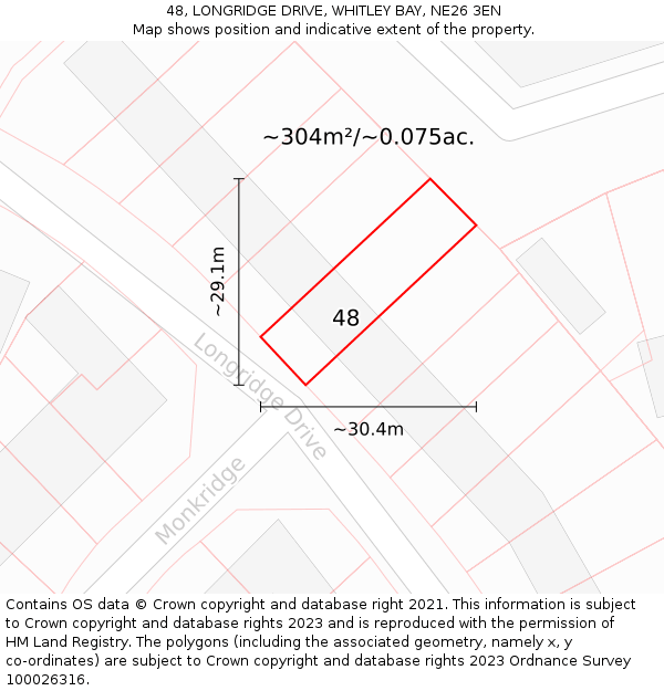 48, LONGRIDGE DRIVE, WHITLEY BAY, NE26 3EN: Plot and title map