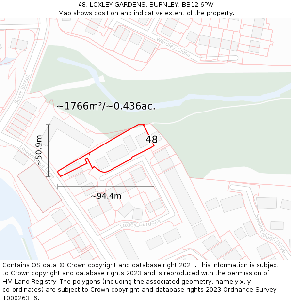 48, LOXLEY GARDENS, BURNLEY, BB12 6PW: Plot and title map