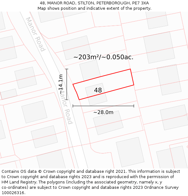 48, MANOR ROAD, STILTON, PETERBOROUGH, PE7 3XA: Plot and title map