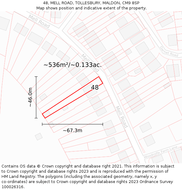 48, MELL ROAD, TOLLESBURY, MALDON, CM9 8SP: Plot and title map