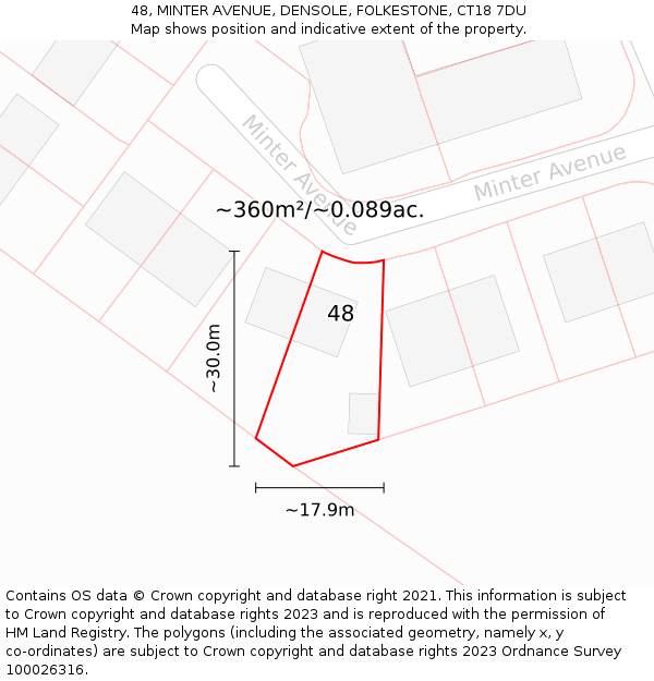 48, MINTER AVENUE, DENSOLE, FOLKESTONE, CT18 7DU: Plot and title map