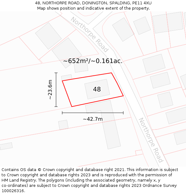 48, NORTHORPE ROAD, DONINGTON, SPALDING, PE11 4XU: Plot and title map