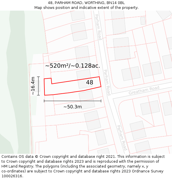 48, PARHAM ROAD, WORTHING, BN14 0BL: Plot and title map