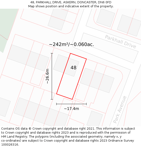 48, PARKHALL DRIVE, ASKERN, DONCASTER, DN6 0FD: Plot and title map