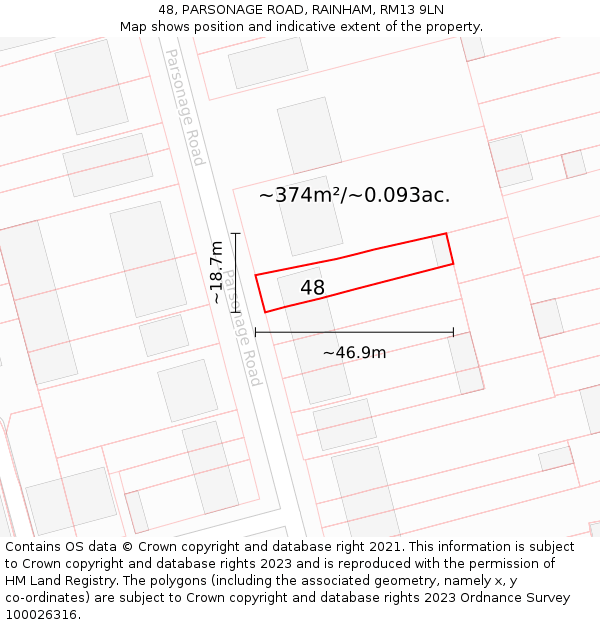 48, PARSONAGE ROAD, RAINHAM, RM13 9LN: Plot and title map