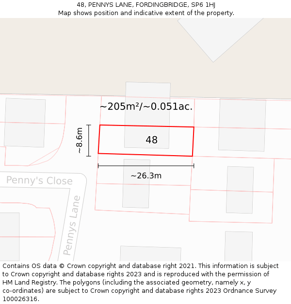 48, PENNYS LANE, FORDINGBRIDGE, SP6 1HJ: Plot and title map