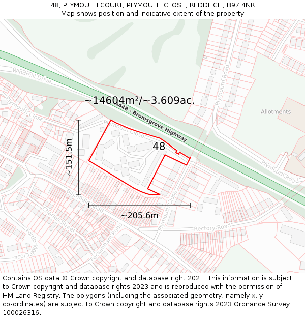 48, PLYMOUTH COURT, PLYMOUTH CLOSE, REDDITCH, B97 4NR: Plot and title map