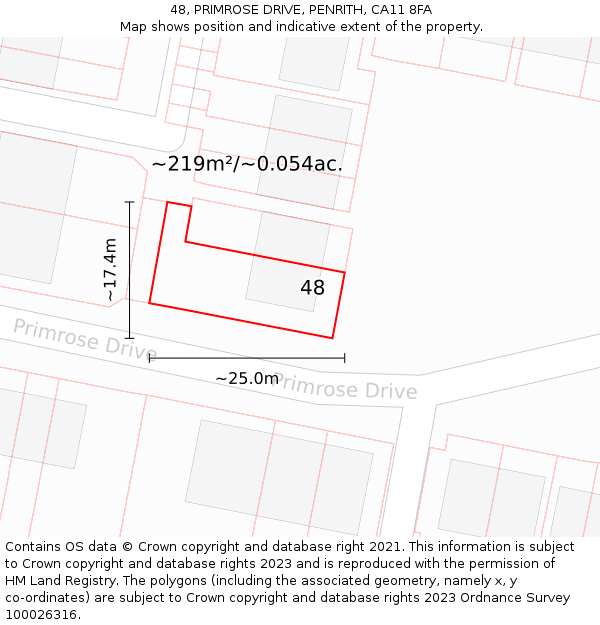 48, PRIMROSE DRIVE, PENRITH, CA11 8FA: Plot and title map