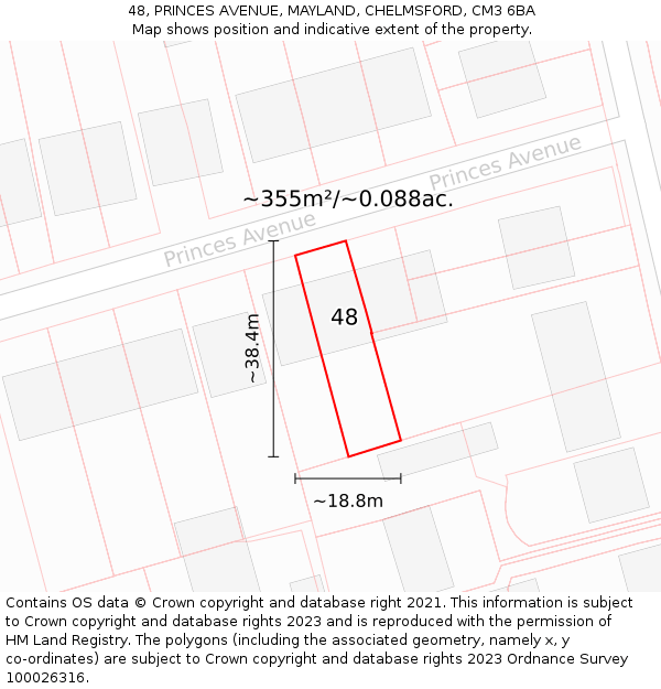 48, PRINCES AVENUE, MAYLAND, CHELMSFORD, CM3 6BA: Plot and title map