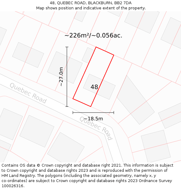 48, QUEBEC ROAD, BLACKBURN, BB2 7DA: Plot and title map