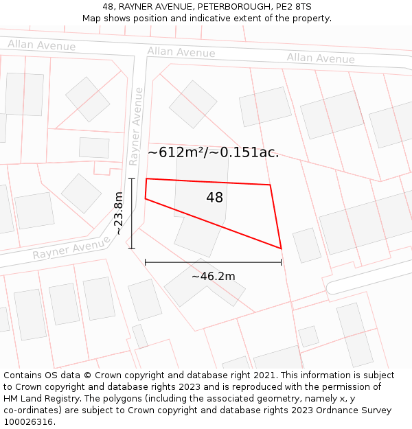 48, RAYNER AVENUE, PETERBOROUGH, PE2 8TS: Plot and title map