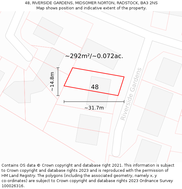 48, RIVERSIDE GARDENS, MIDSOMER NORTON, RADSTOCK, BA3 2NS: Plot and title map