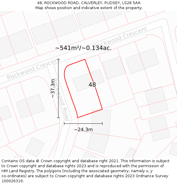 48, ROCKWOOD ROAD, CALVERLEY, PUDSEY, LS28 5AA: Plot and title map