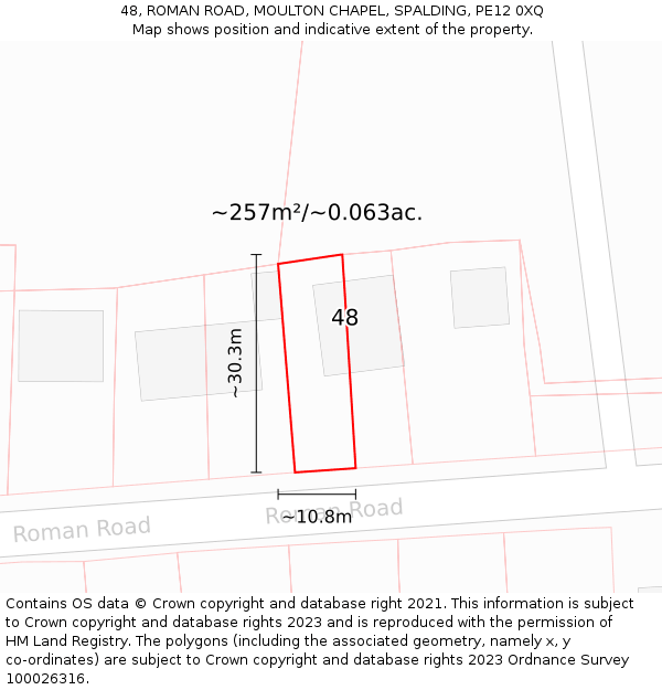 48, ROMAN ROAD, MOULTON CHAPEL, SPALDING, PE12 0XQ: Plot and title map