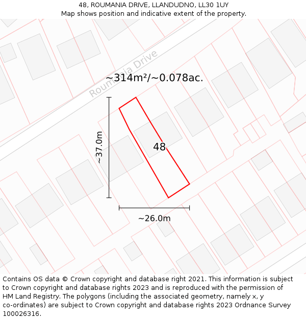 48, ROUMANIA DRIVE, LLANDUDNO, LL30 1UY: Plot and title map