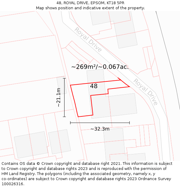 48, ROYAL DRIVE, EPSOM, KT18 5PR: Plot and title map