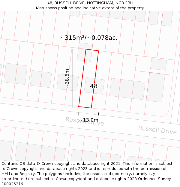 48, RUSSELL DRIVE, NOTTINGHAM, NG8 2BH: Plot and title map