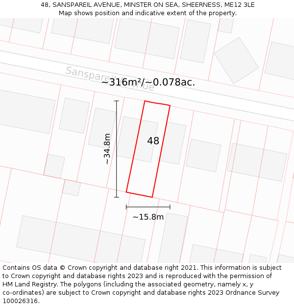 48, SANSPAREIL AVENUE, MINSTER ON SEA, SHEERNESS, ME12 3LE: Plot and title map