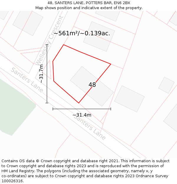 48, SANTERS LANE, POTTERS BAR, EN6 2BX: Plot and title map