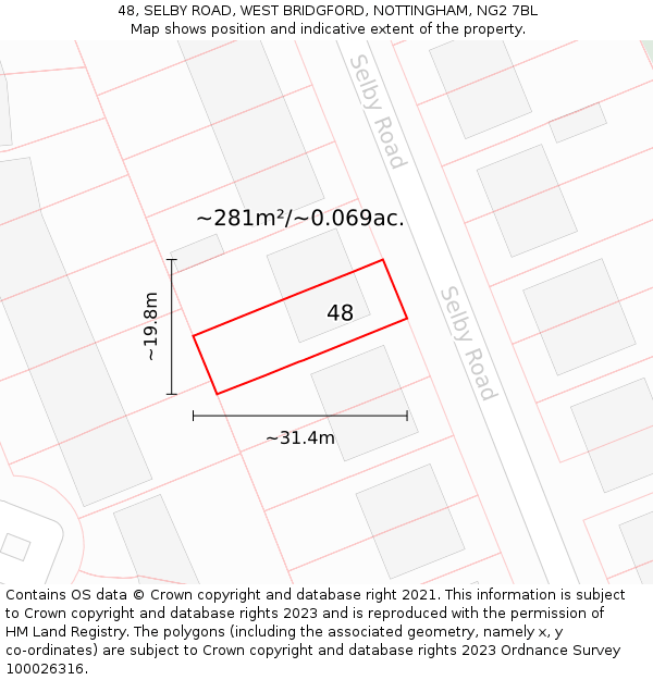 48, SELBY ROAD, WEST BRIDGFORD, NOTTINGHAM, NG2 7BL: Plot and title map