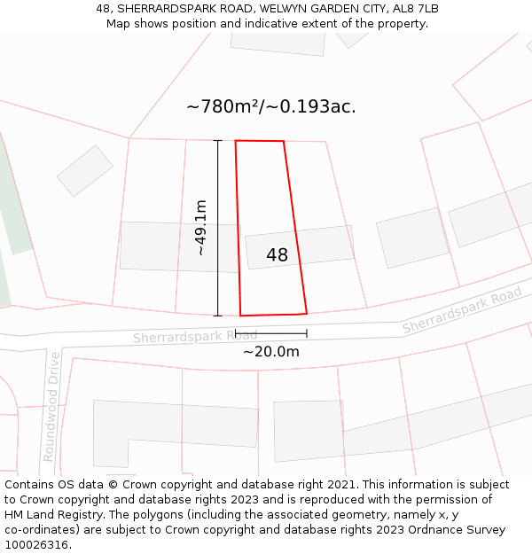 48, SHERRARDSPARK ROAD, WELWYN GARDEN CITY, AL8 7LB: Plot and title map