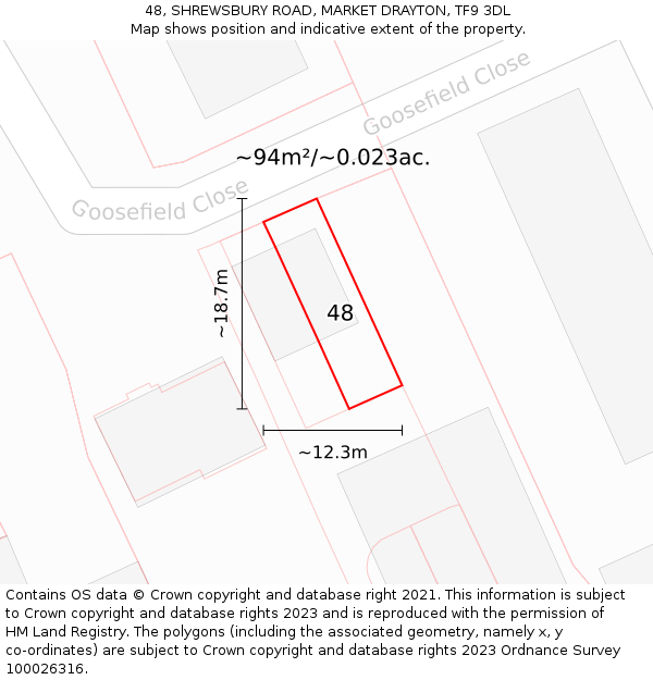 48, SHREWSBURY ROAD, MARKET DRAYTON, TF9 3DL: Plot and title map