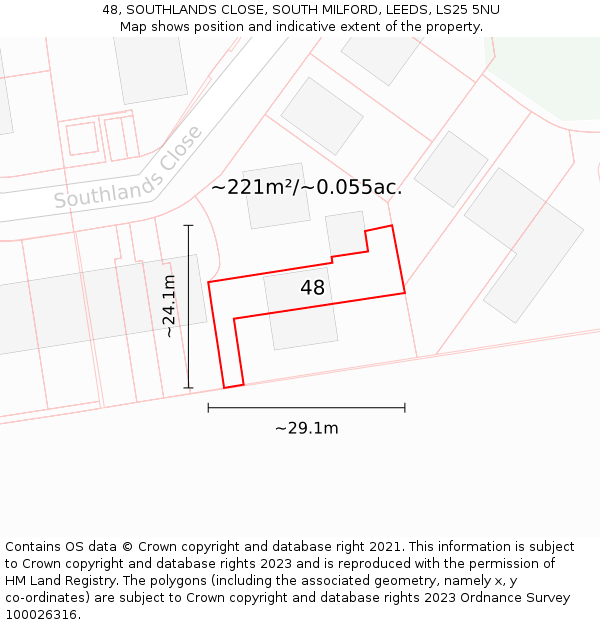 48, SOUTHLANDS CLOSE, SOUTH MILFORD, LEEDS, LS25 5NU: Plot and title map