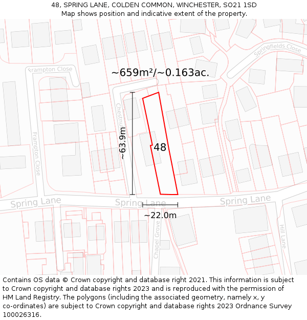 48, SPRING LANE, COLDEN COMMON, WINCHESTER, SO21 1SD: Plot and title map