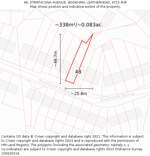 48, STRATHCONA AVENUE, BOOKHAM, LEATHERHEAD, KT23 4HP: Plot and title map