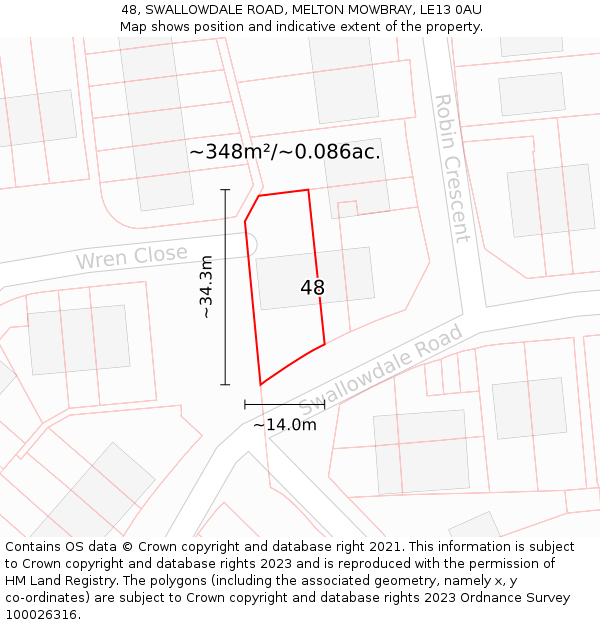 48, SWALLOWDALE ROAD, MELTON MOWBRAY, LE13 0AU: Plot and title map